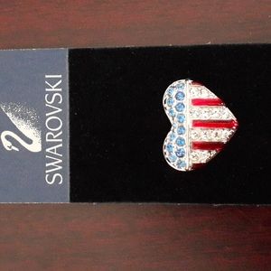 Authentic Swarovski Crystal Swan Stamped Patriotic Heart Shaped Tack Pin A100